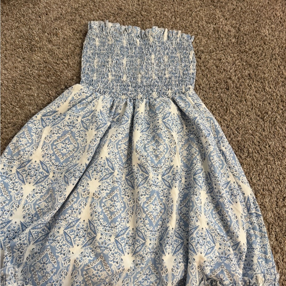 Blue and White Strapless Dress